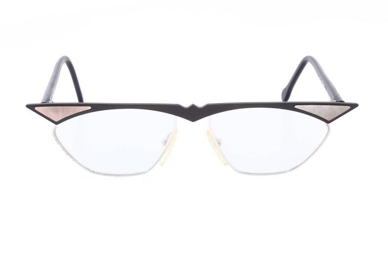 MIKADO modernist cateye frames in matt black metal w pointed brows & pearl inserts, Germany NOS 80s