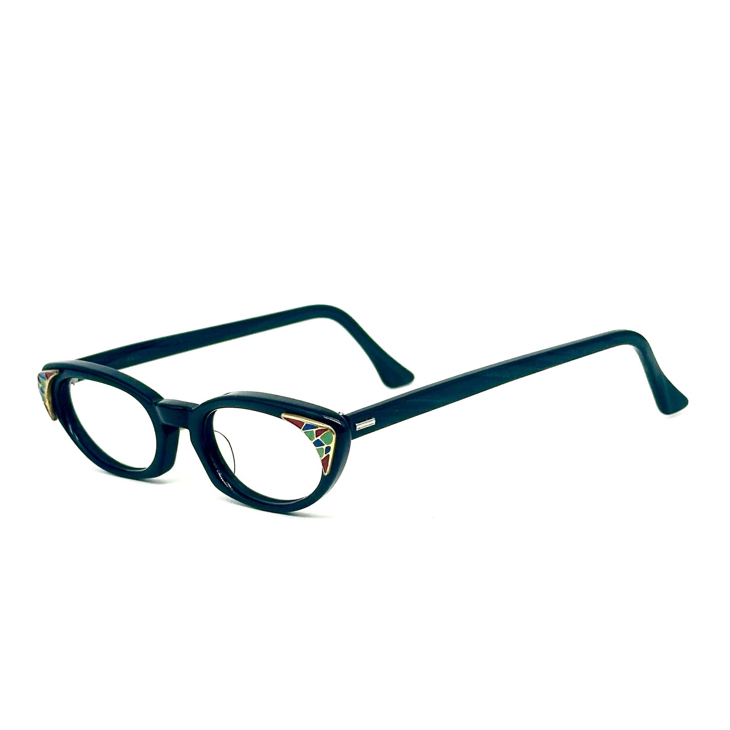 Shuron USA black cateye glasses with colored mosaic detail on golden triangular plaque on the sides style 1960 NoS