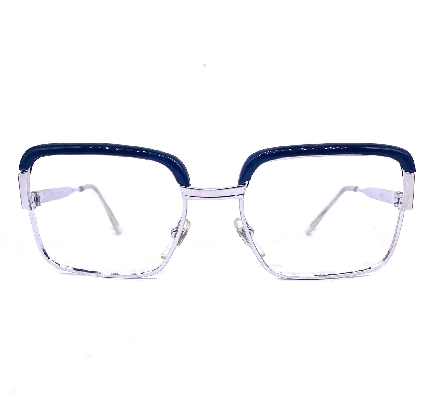 MetalVista Nobel 60s geek square silver frames with black rolled brows, NOS made in Italy