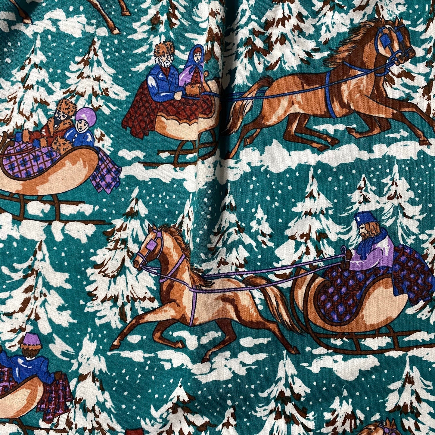 Greenfield Christmas print horse sleights in green pine forest cotton jersey skirt, 80s NOS sz M