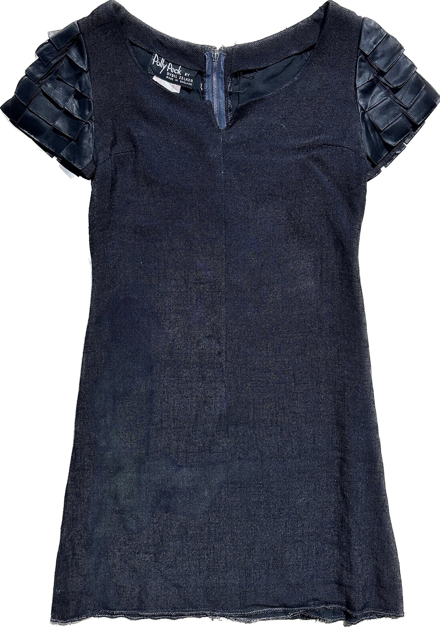 Polly Peck by Sybil Zelker 1960s black linen dress w pleated ribbon detail, mint