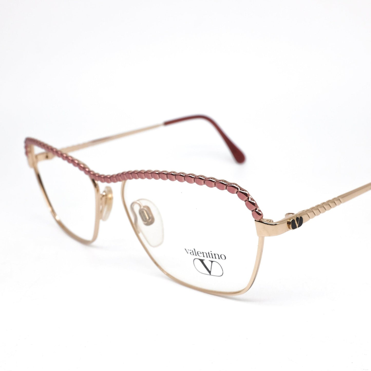 Valentino V375 golden metallic square eyeglasses frames with purple browline. NOS 90s Italy
