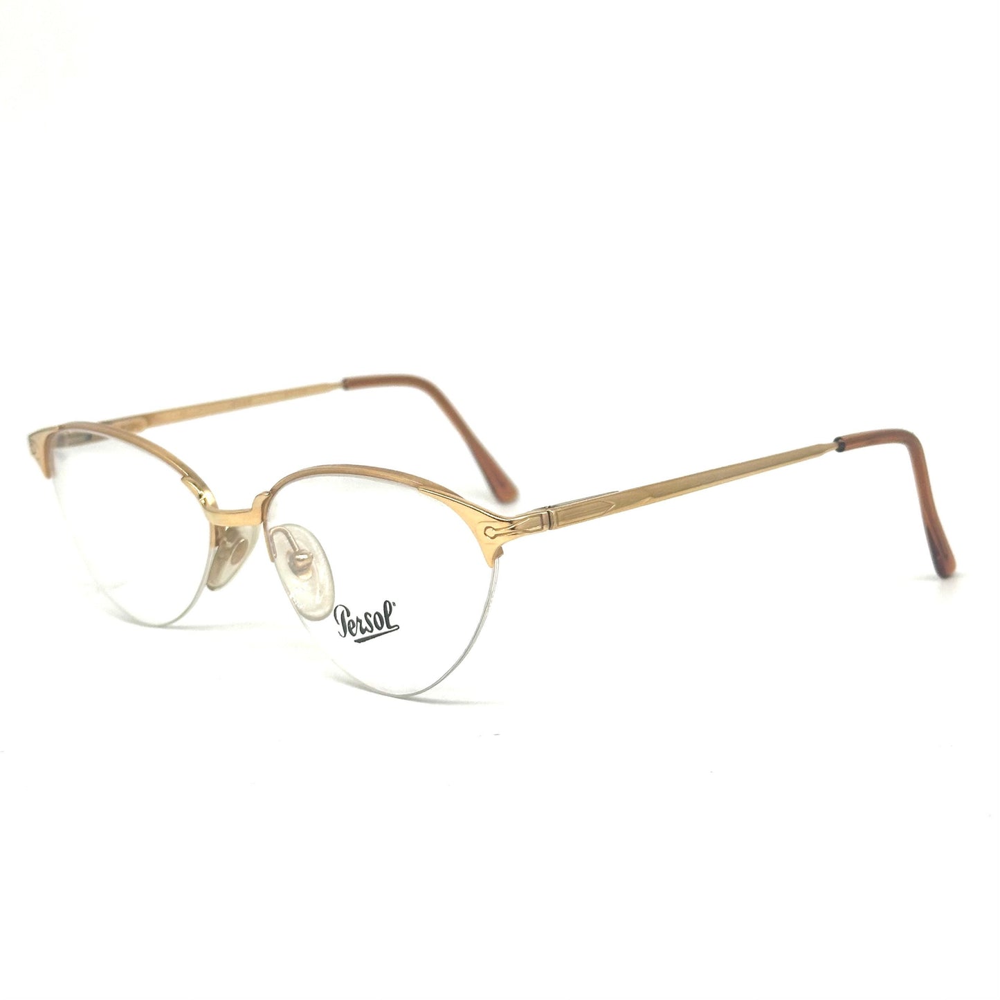 Persol Ratti Eras golden cateye glasses frames w nylor half-rim mount, sleek design; NOS 80s Italy