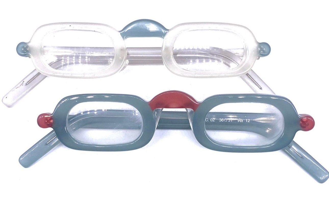 Tilt modernist celluloid reading eyeglasses hand made in Italy, coming in Green or clear color, 80s NOS