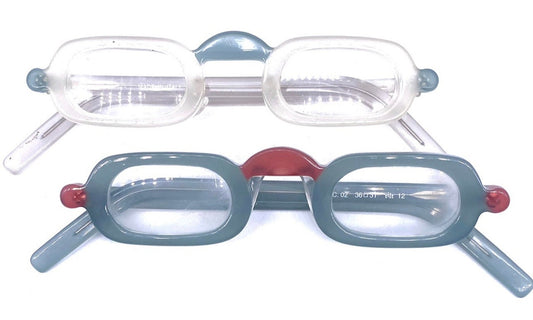 Tilt modernist celluloid reading eyeglasses hand made in Italy, coming in Green or clear color, 80s NOS