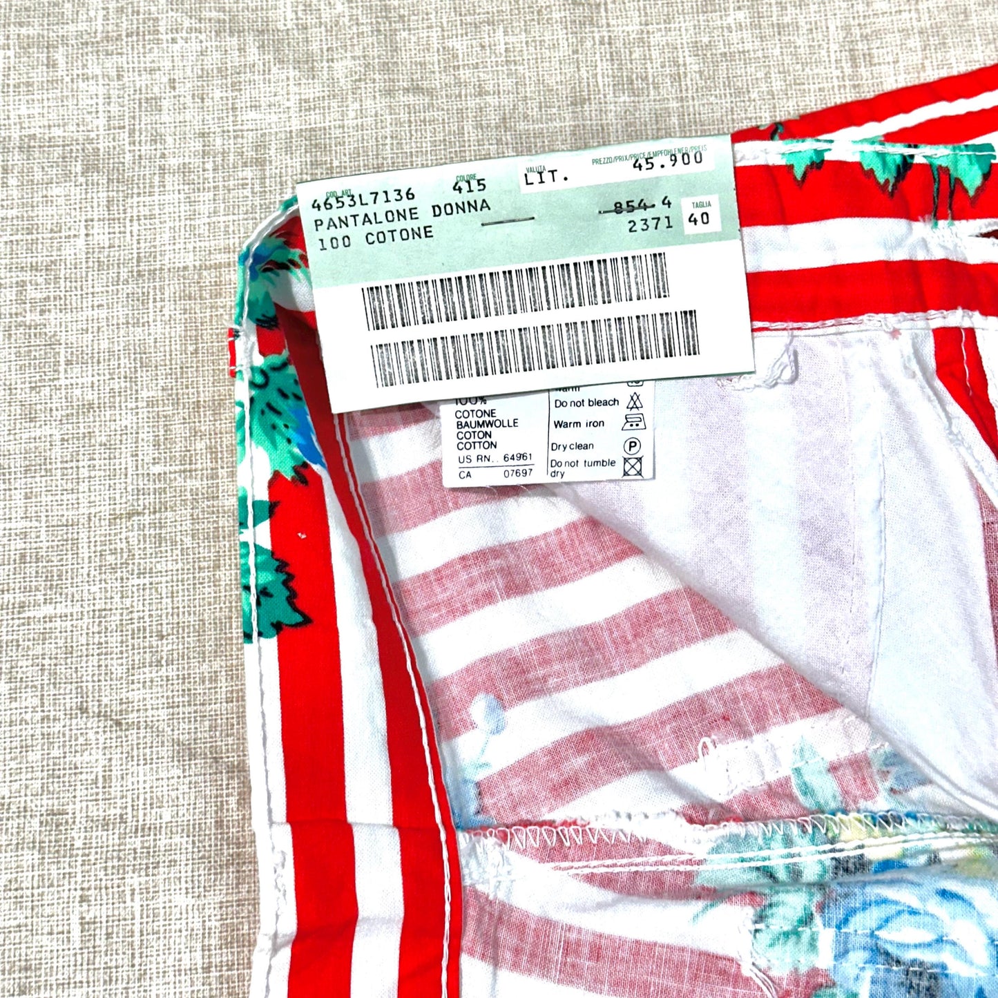 Benetton 80s striped cotton pants with flowers BNWT