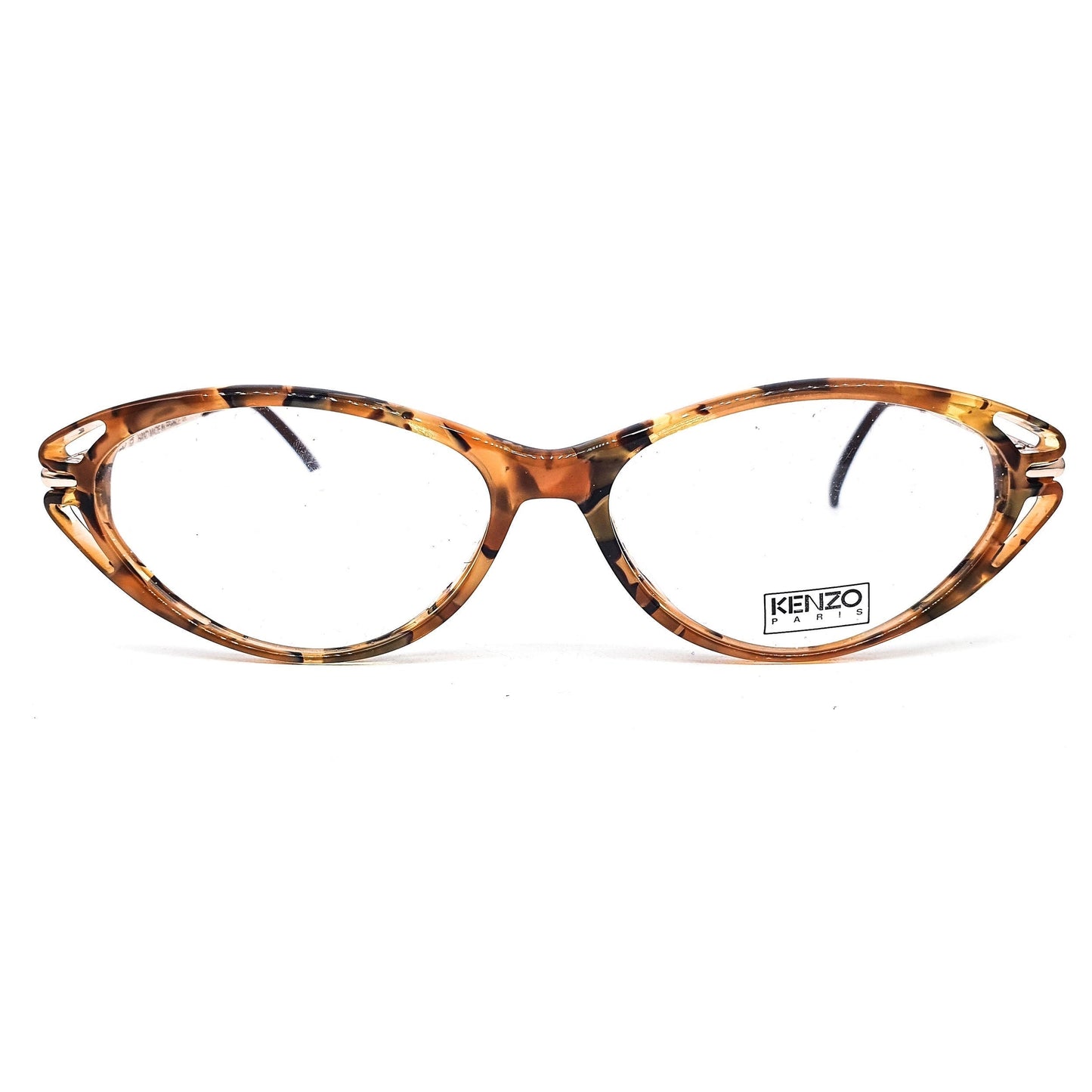 Kenzo k156 mosaico vintage classic cateye style semi amber acetate eyeglasses frames with cut off end part design, 80s France