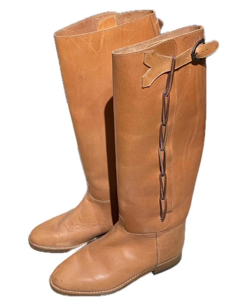NOS 80s artisanal high tan leather boots with interesting closure, for horse riding and everyday, mint sz 40
