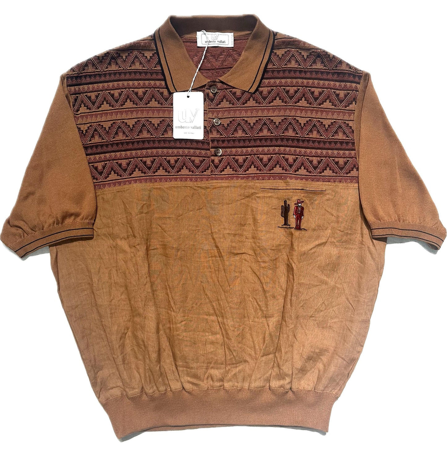 U.Vallati finest linen- Cotton knit polo shirt w Mexican embroidery, NOS 80s Italy