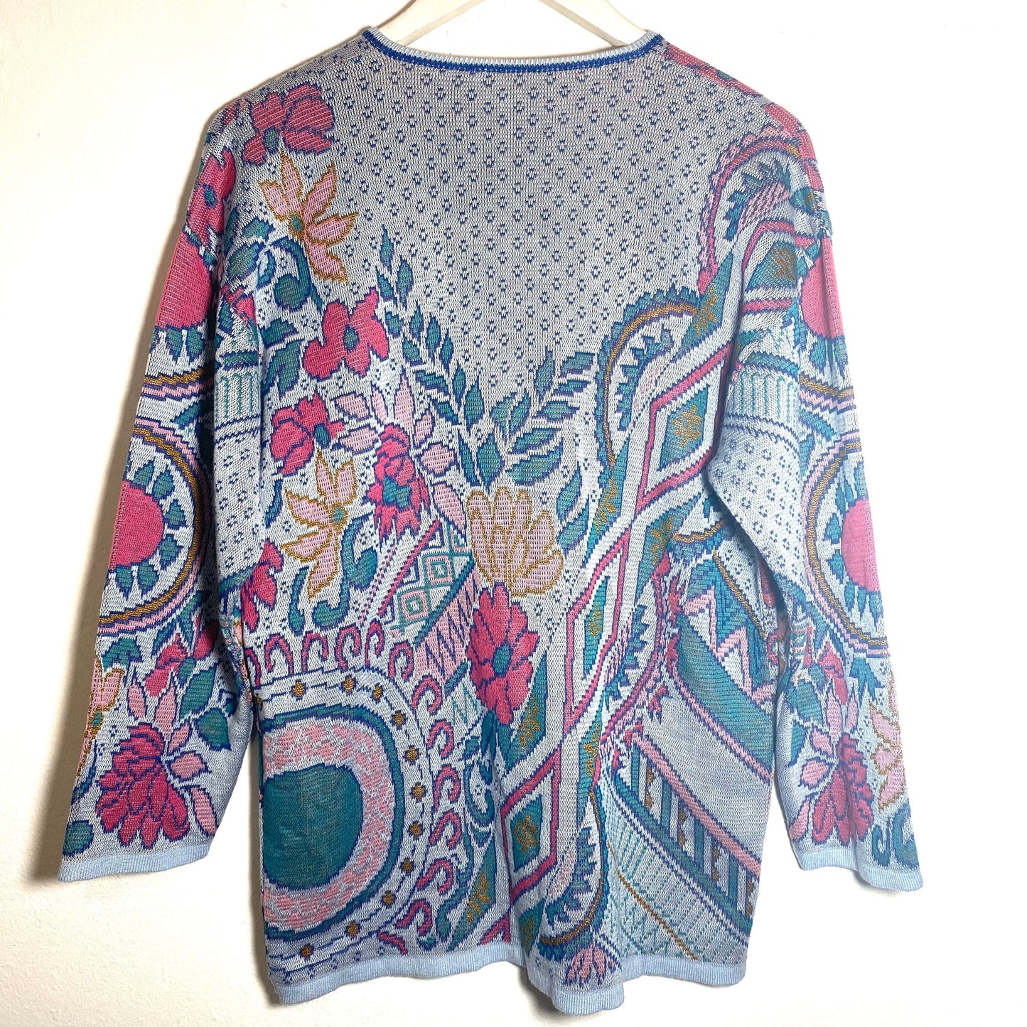 Cardigan da donna più cool lavorato a maglia in cotone jacquard con motivi floreali, anni '80 menta.