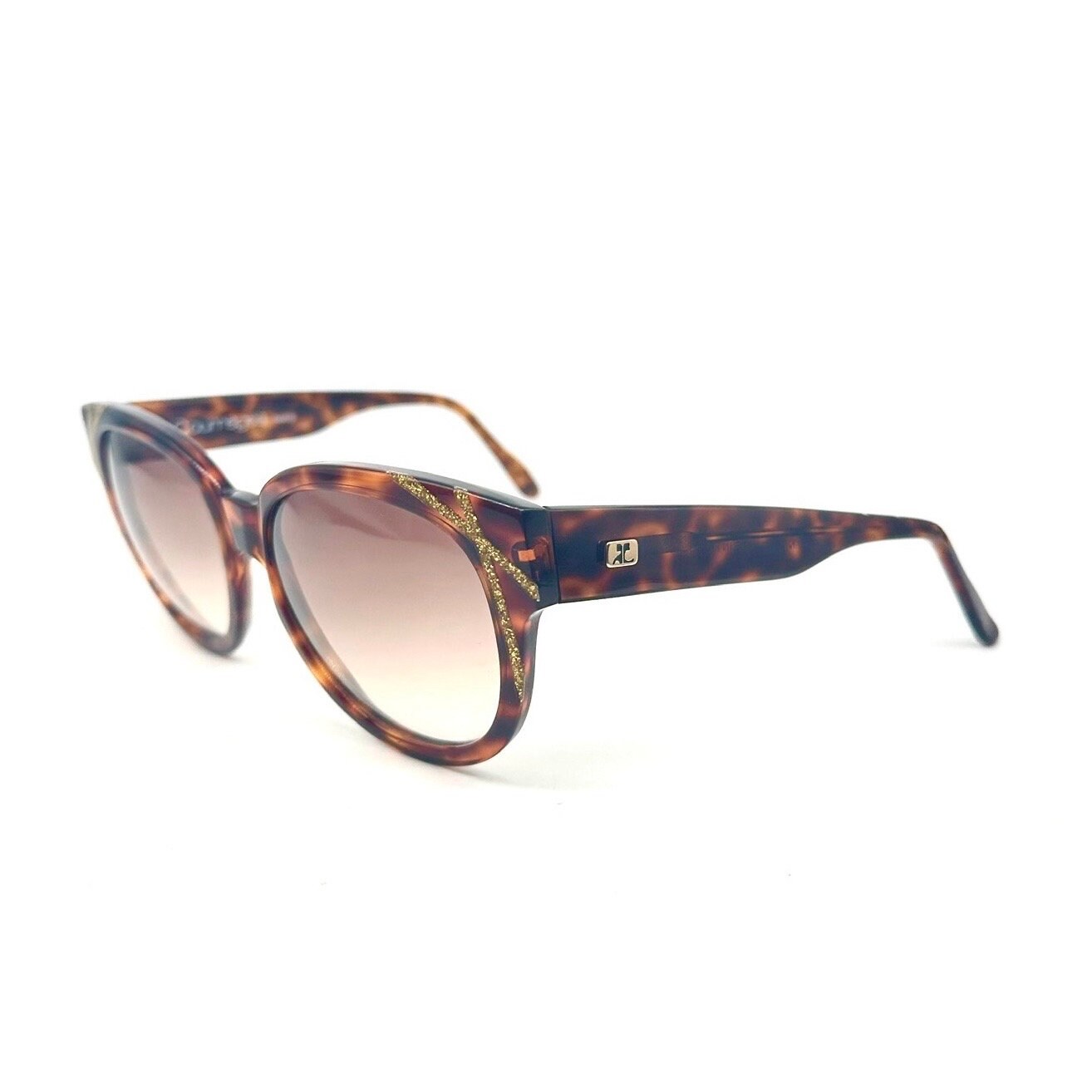 Courreges 8710 tortoise oversized sunglasses w golden sparks striped details, NoS 80s France