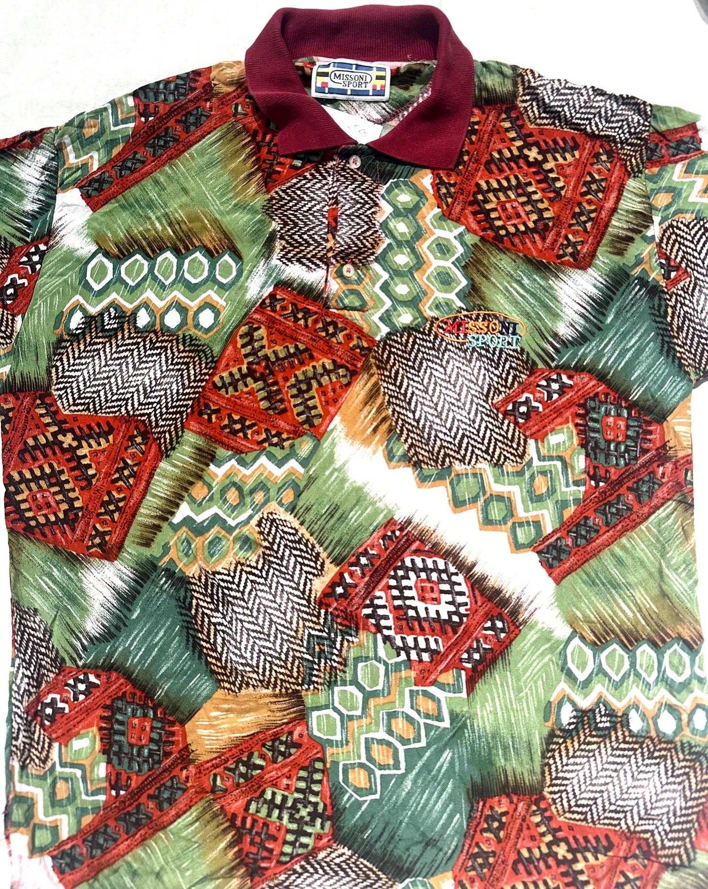 Missoni Sport cool Navajo inspired print cotton polo shirt in green/ burgundy and brown tones, great condition sz L
