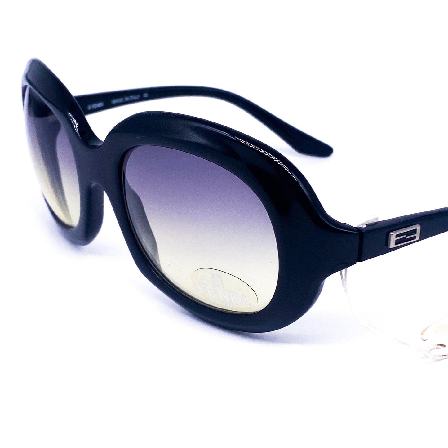 Fendi SL 7676 occhiali da sole ovali in acetato nero con dettagli logo FF sulle aste, NOs anni '90, menta