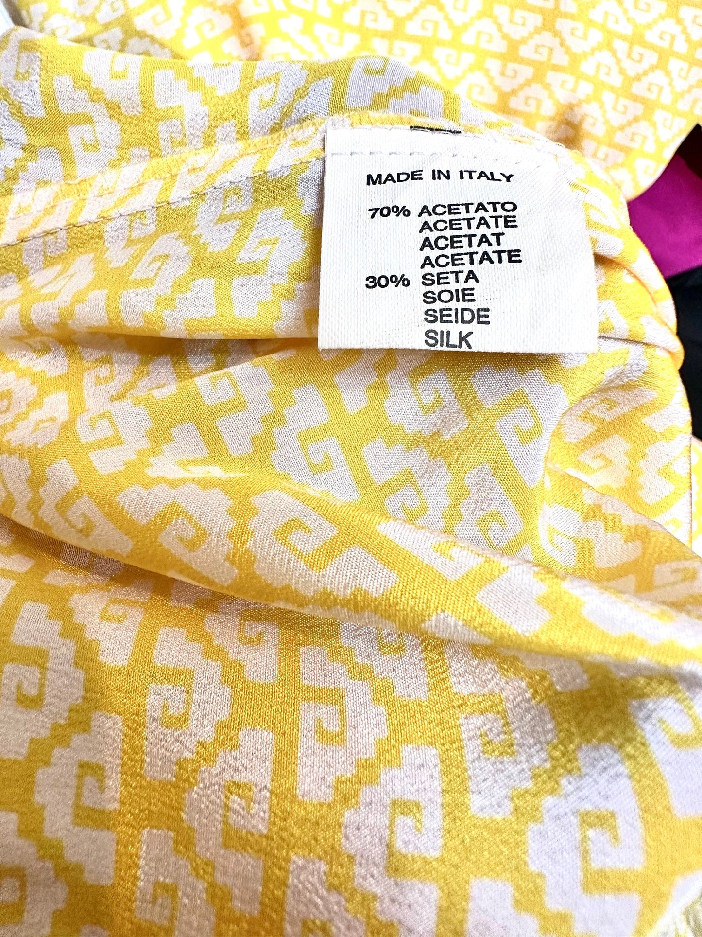 Bugia 1970s canary yellow / white geometrical print silk blend mido dress, preppy/ BonTon vibe, NOS
