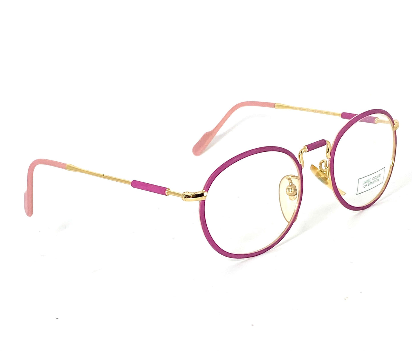 United Colors Benetton oval gold- Fucsia enamel metal eyeglasses frames, cool steampunk vibe, 80s NOS Italy