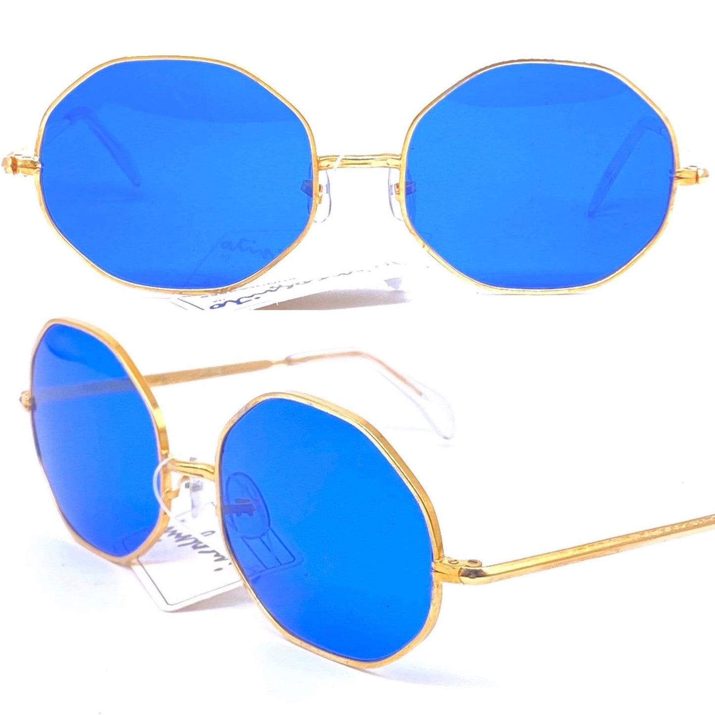 Incognito oversize octagonal sunglasses in golden metal w blue crystal lenses, NOs 70s Japan
