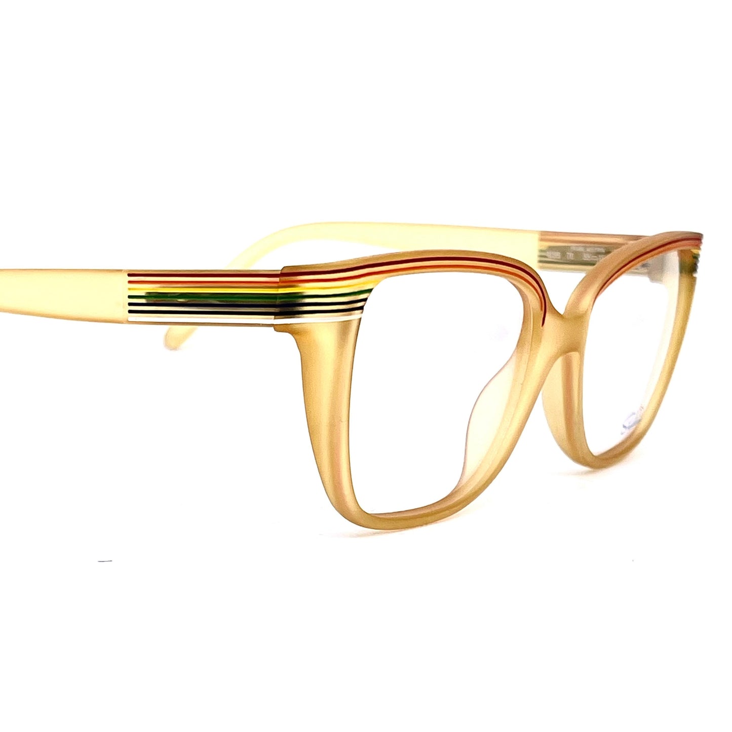 Saphira 4099 thick squared amber glasses with carved striped enameled in rainbow colors, NOS 80s