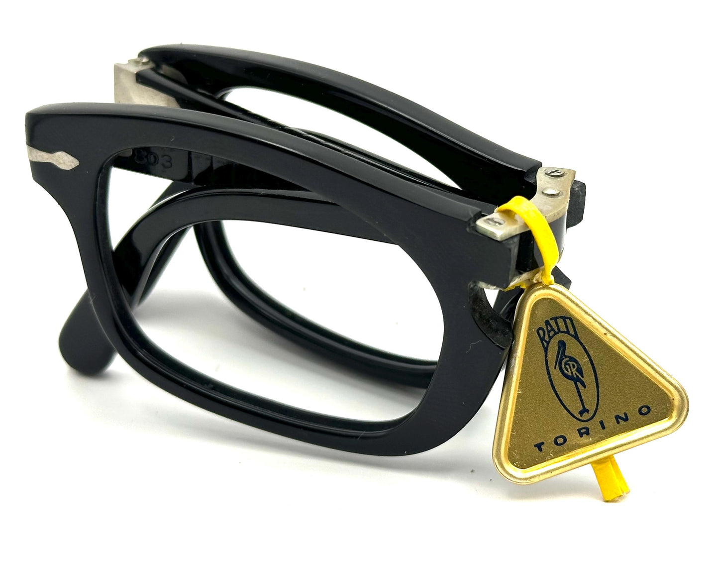 Persol 803 folding black cello rectangular frames w iconic arrow hinges, NOS 1960s Italy
