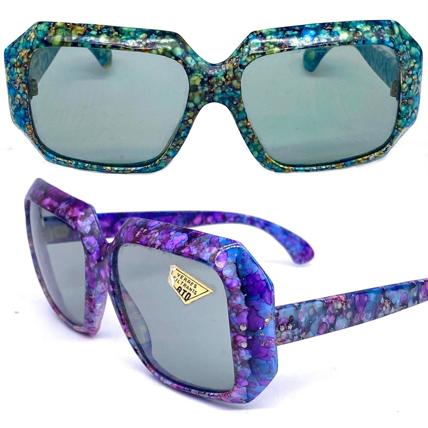 Ato France collectible squared oversized sunglasses w psychedelic texture, NOS