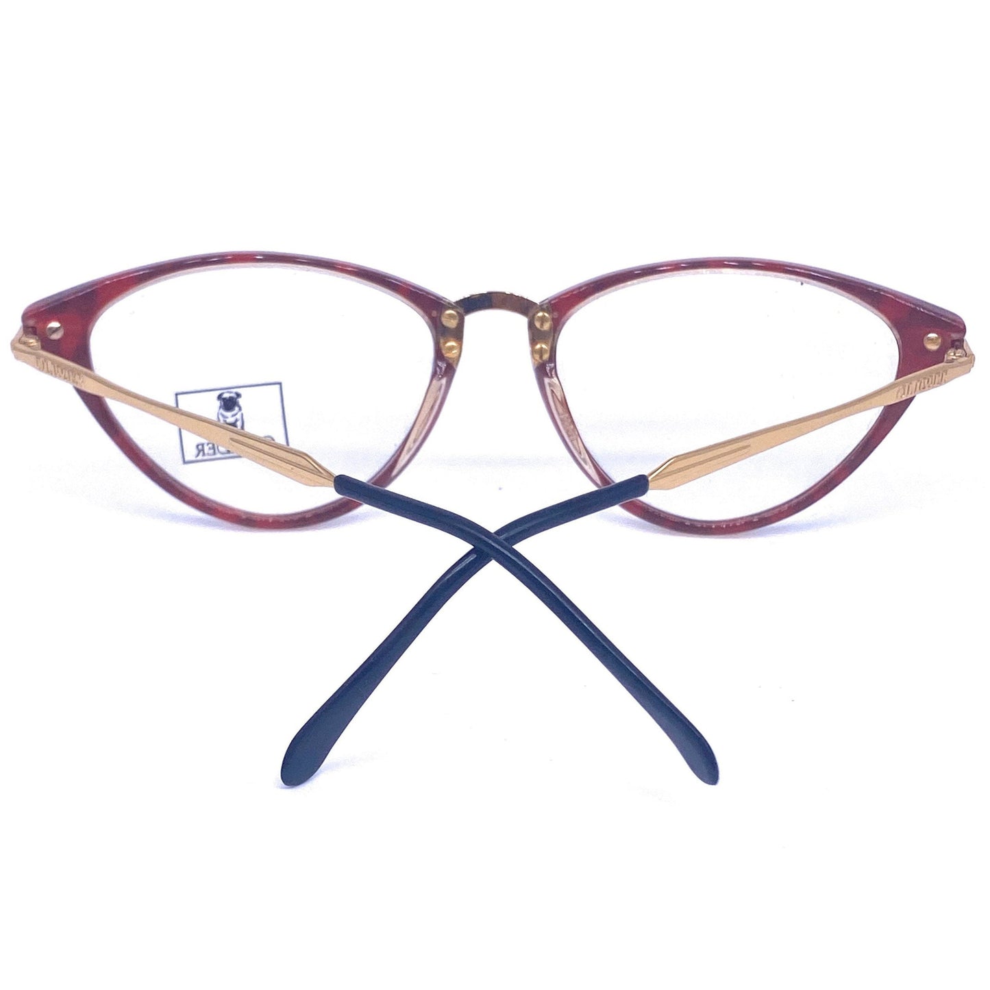 Oliver by Valentino red marbled cateye frames w golden metal temples - hinges, NoS '80 Italy