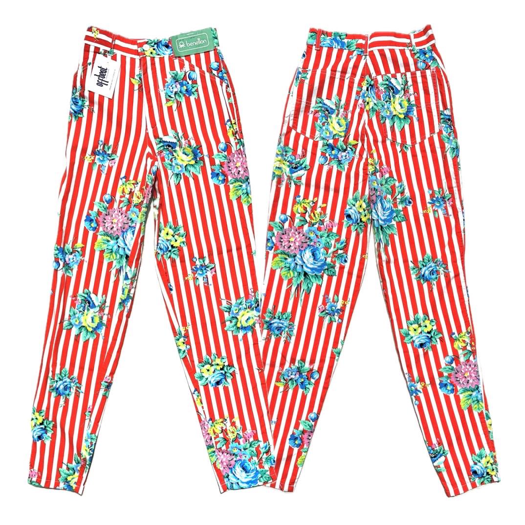 Benetton 80s striped cotton pants with flowers BNWT