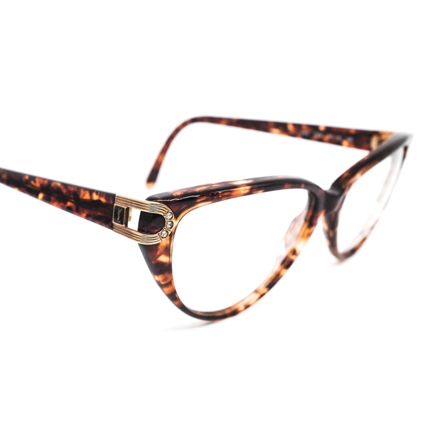 YSL Saint Laurent  5006 brown tortoise acetate cateye eyeglasses with cut off hinges design enriched with rhinestones, 80s nos Italy