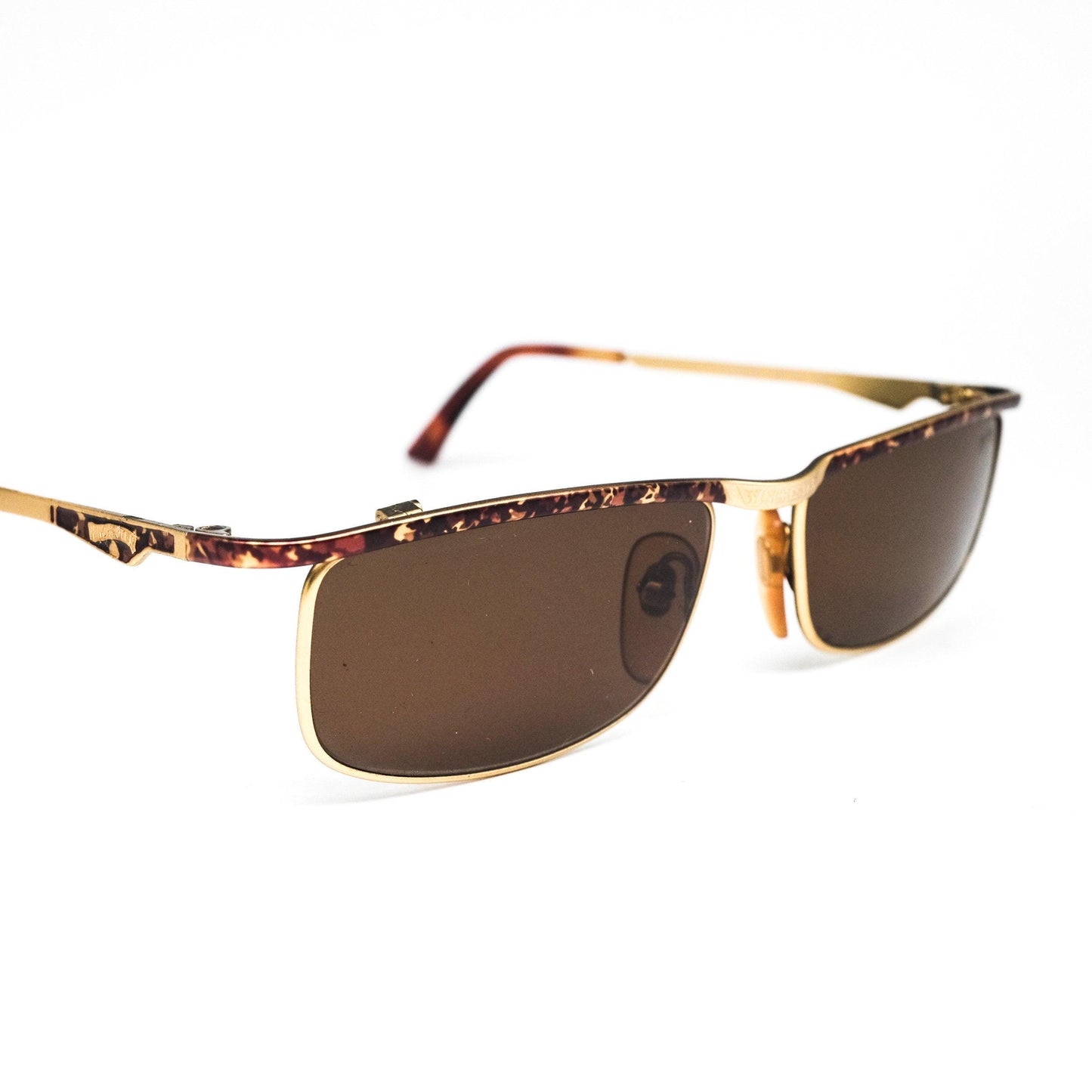 Winchester tortoise-gold square metal sunglasses, w carved-enameled details, NoS 80s.