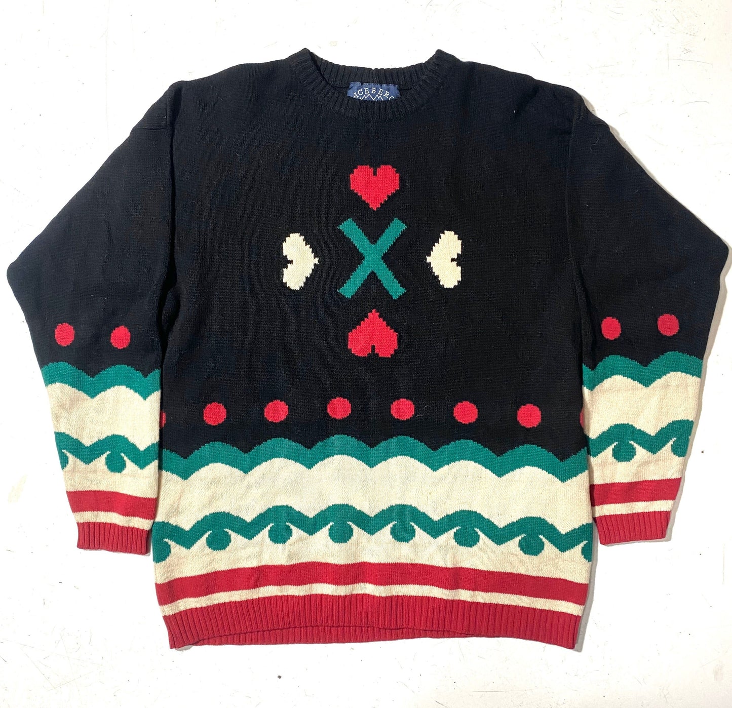 Iceberg cool Christmas colors wool sweater, black with green / red / ecru print, 90s mint condition