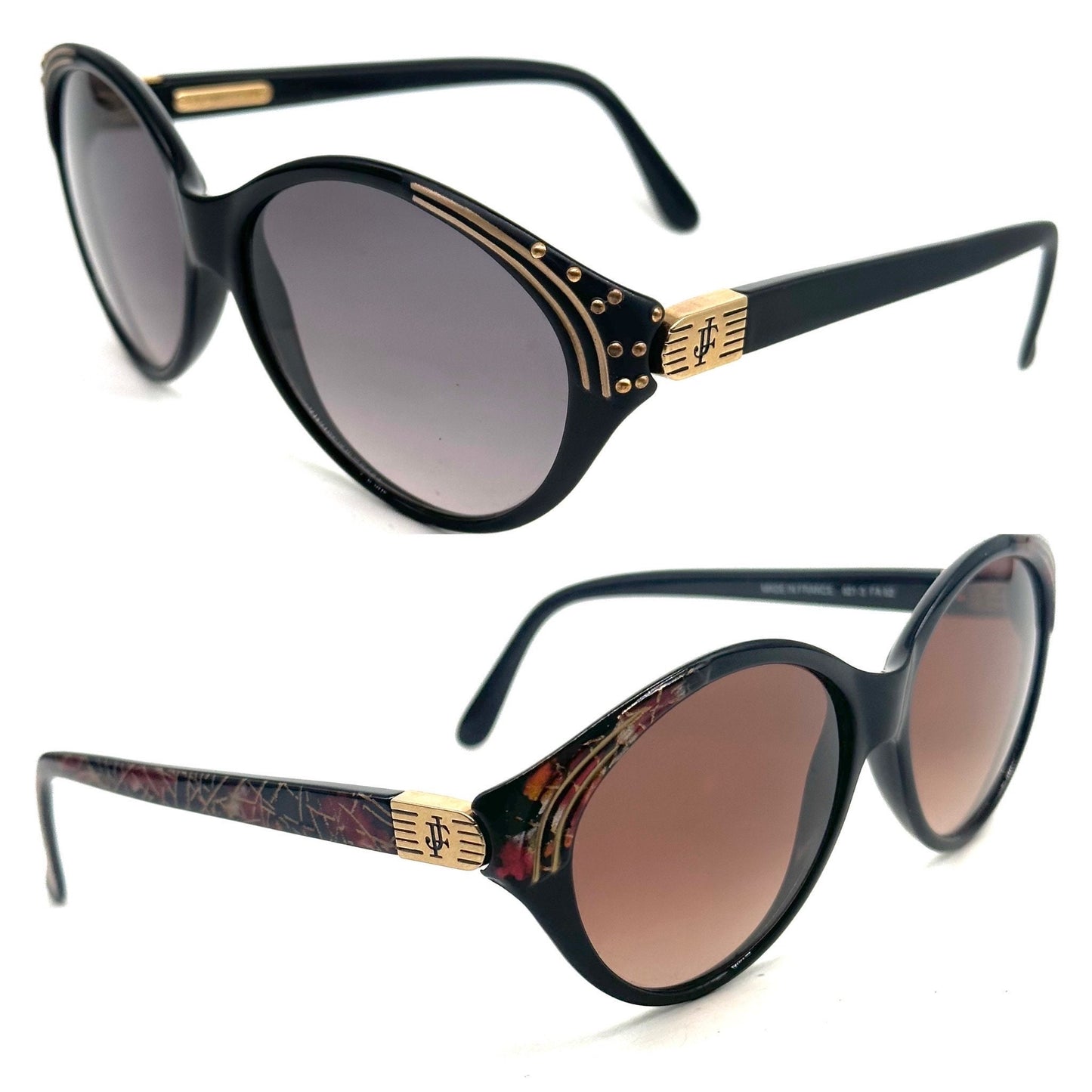 Jacques Fath black -gold oval Cateye sunglasses w 2 detail variations, NOS 80s France