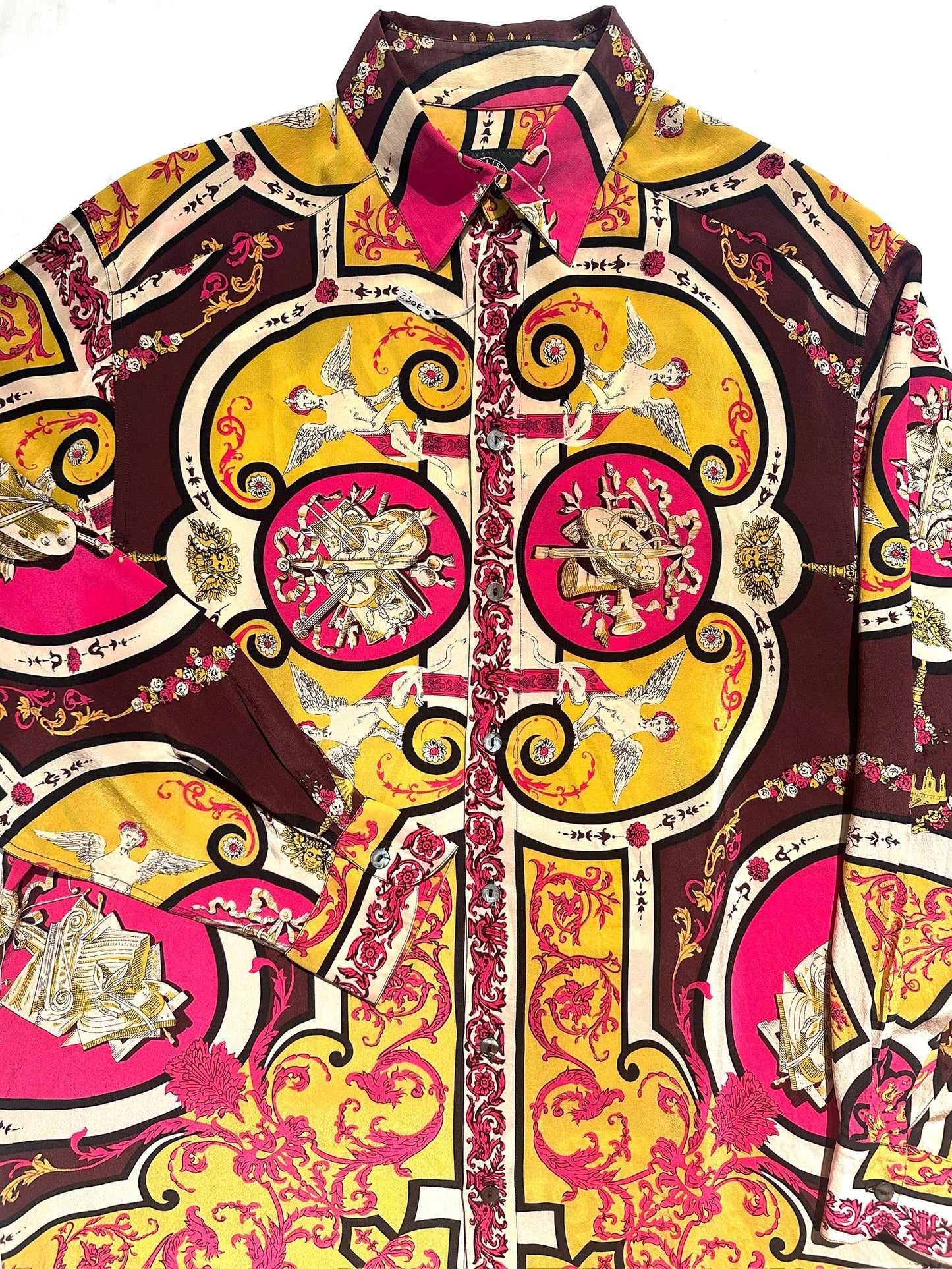 English Eccentrics pure silk baroque print shirt in purple, burgundy & mustard, sz M mint