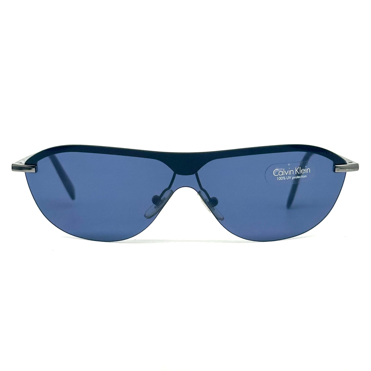 Calvin Klein 168S silver metal shield frames mask sunglasses with blue lens vintage 90s NoS