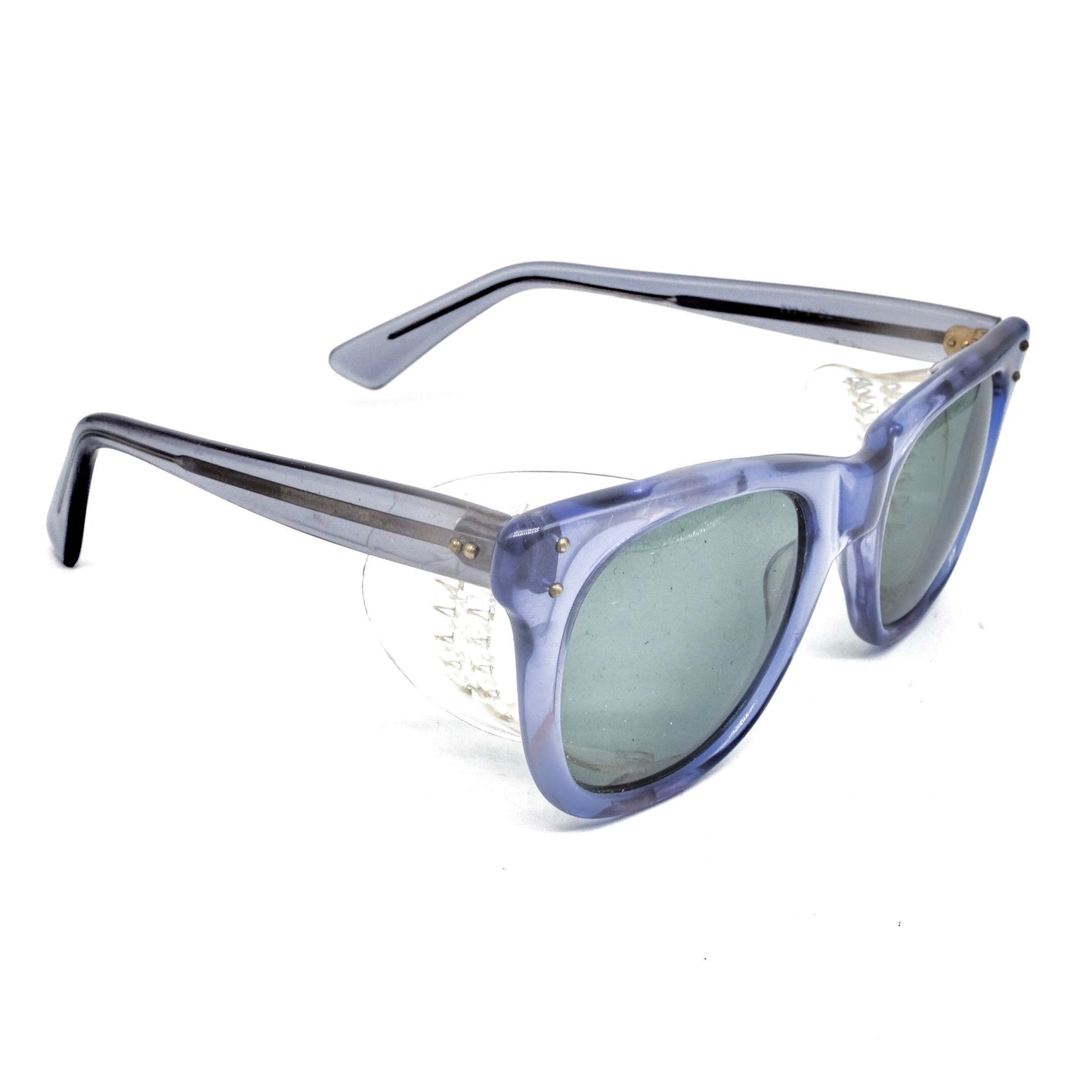 Occhiali da sole Wayfarer Baruffaldi in acetato traslucido con pannelli laterali trasparenti, new old stock anni '80 ITA