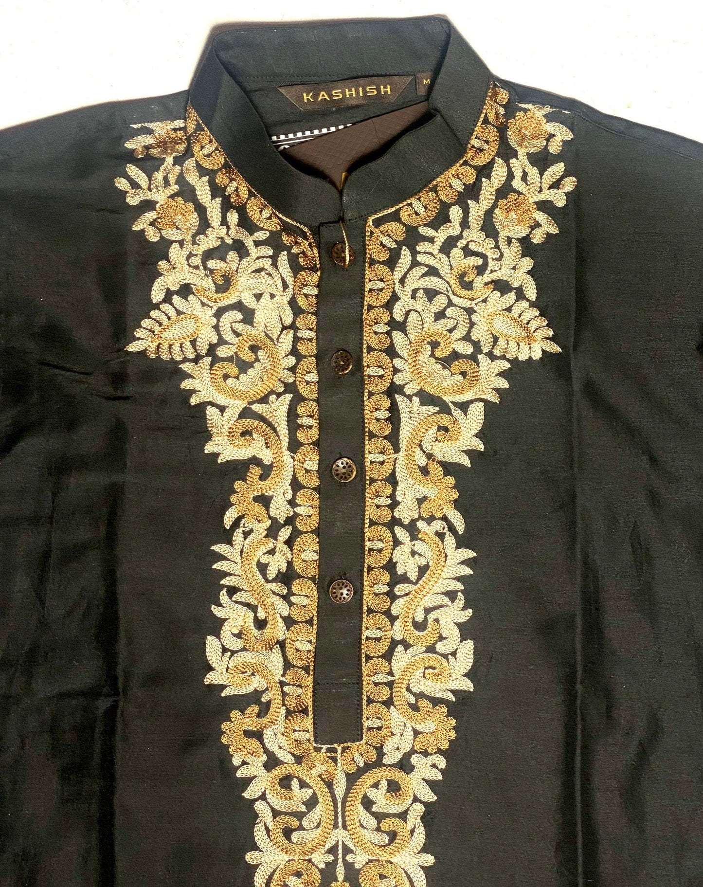 Indian kurta men long dress shirt, black with silk embroidery on chest, wood buttons, NOS