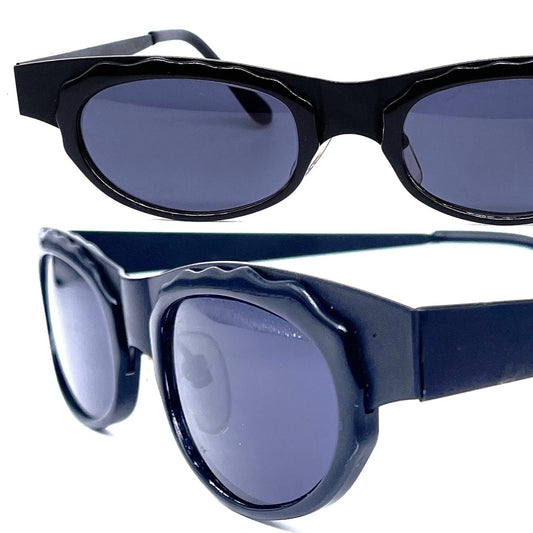 Incognito avant garde total black cateye sunglasses w- unusual wavy oval rims, nos 80s