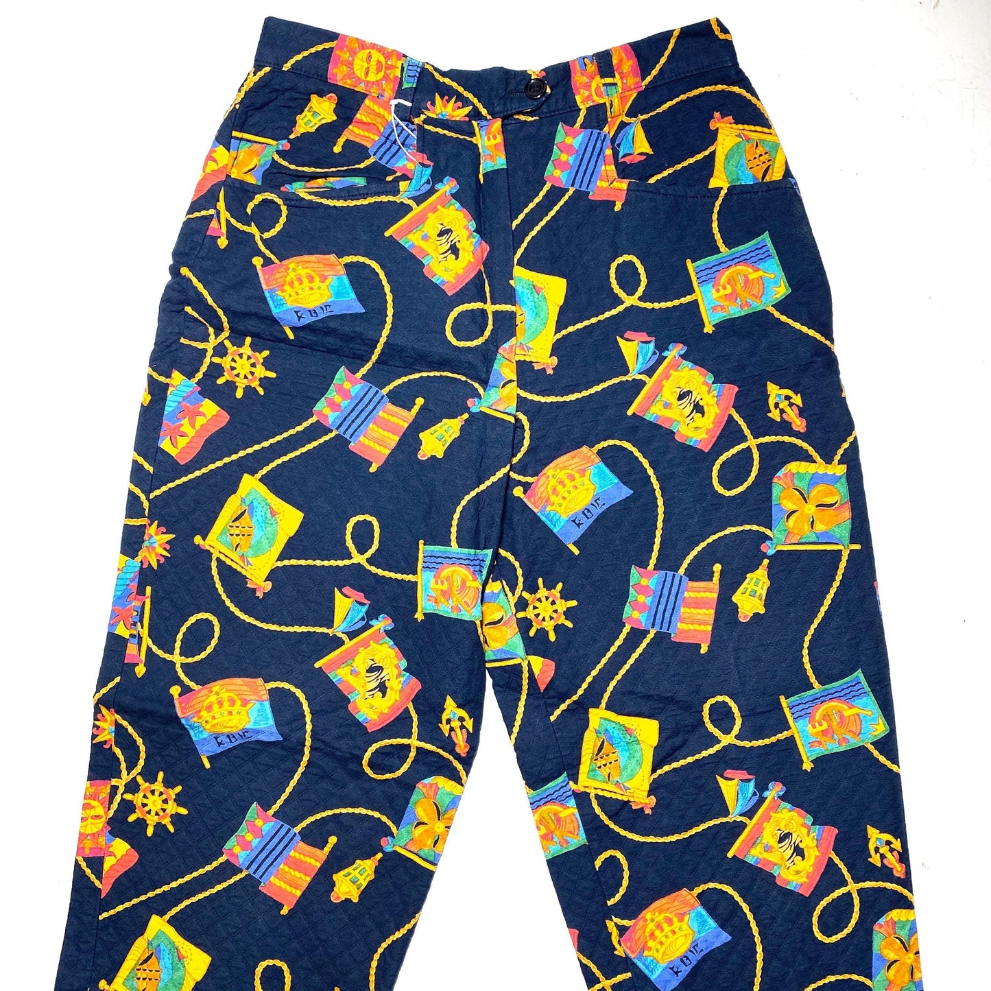 Elizabeth Ascot blue quilted cotton baroque allover ladies trousers size 42, great condition