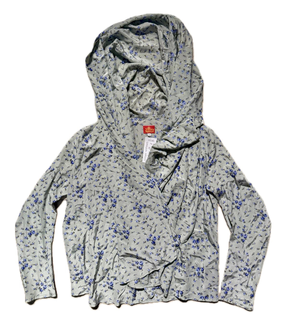 Vivienne Westwood 100% silk ladies floral blouse w-hood-able wide collar, sz II (M)