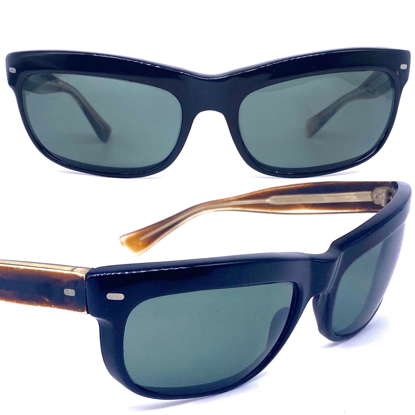 Prixol “Terminator” style sunglasses, sporty black wrap shades with brown temples, 1960s NOS Italy