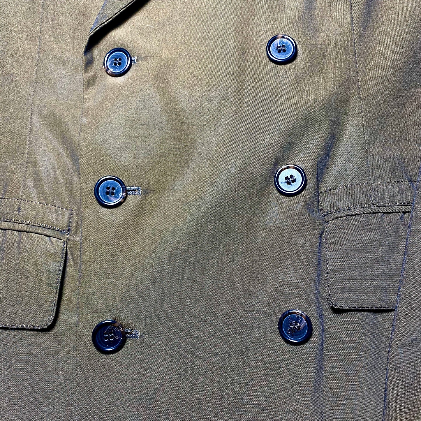 Sartorial light dbl breast summer blazer, iridescent military green Bemberg rayon, new old stock 90s
