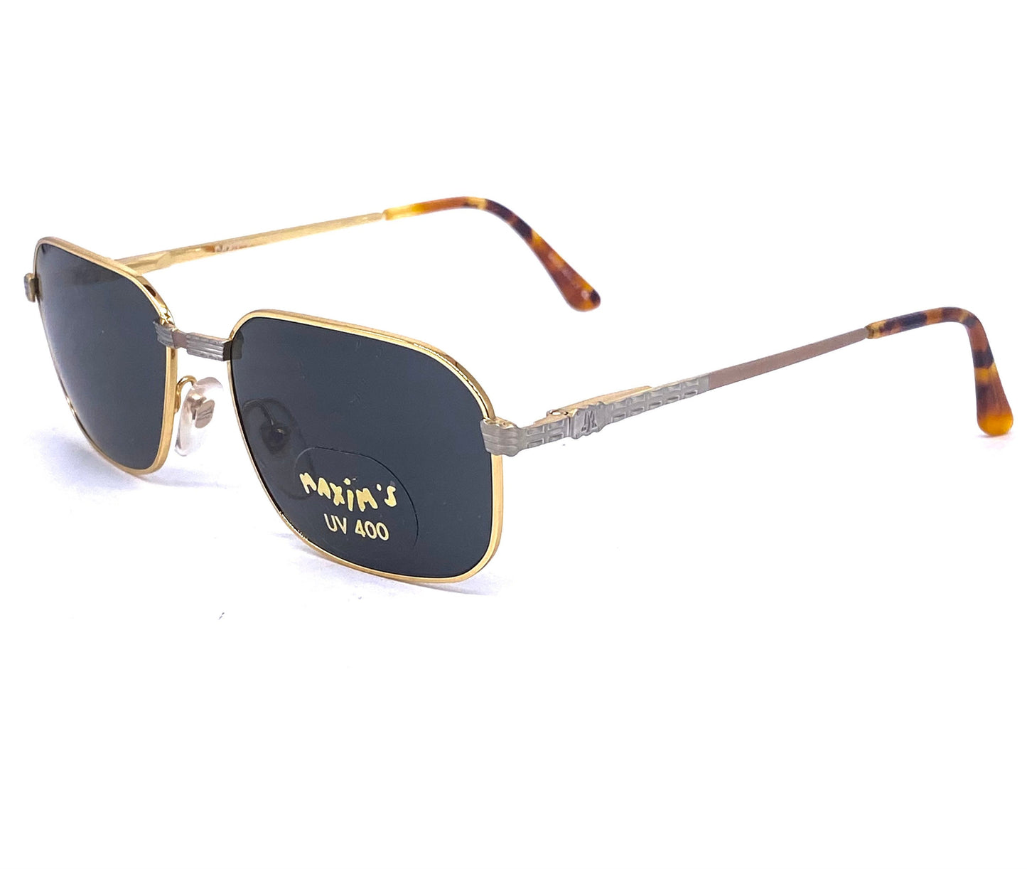 Maxim’s de Paris luxury rectangular metal sunglasses w carved details, in 2 colorways, NOS 90s Italy