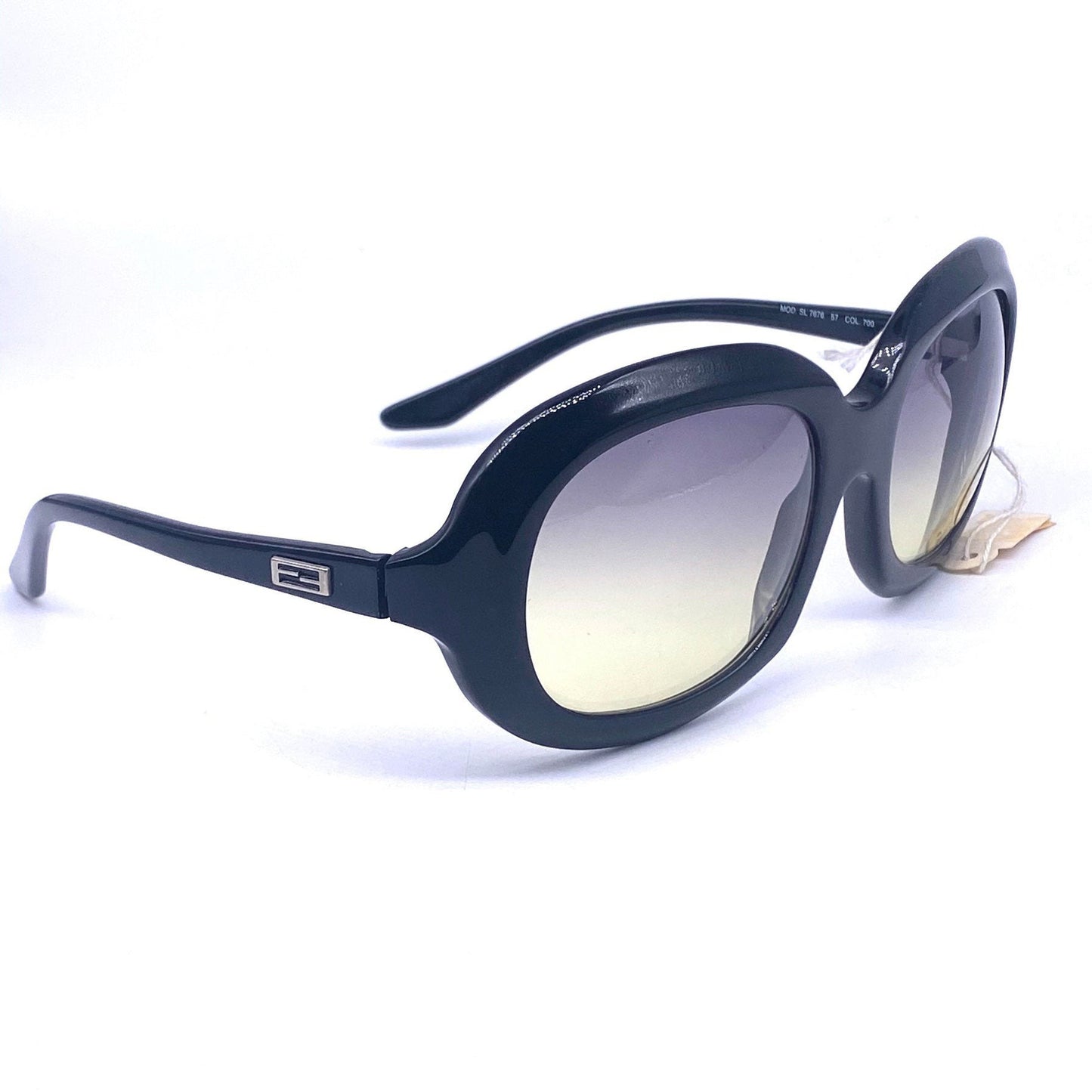 Fendi SL 7676 occhiali da sole ovali in acetato nero con dettagli logo FF sulle aste, NOs anni '90, menta