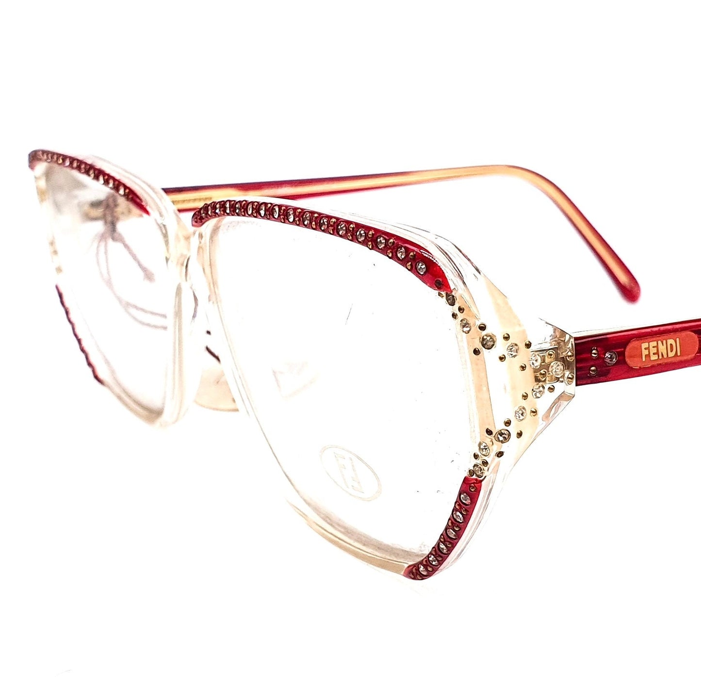 Fendi FV54 oversized glasses in clear/ burgundy acetate w crystals detailing, NOS 80s Italy