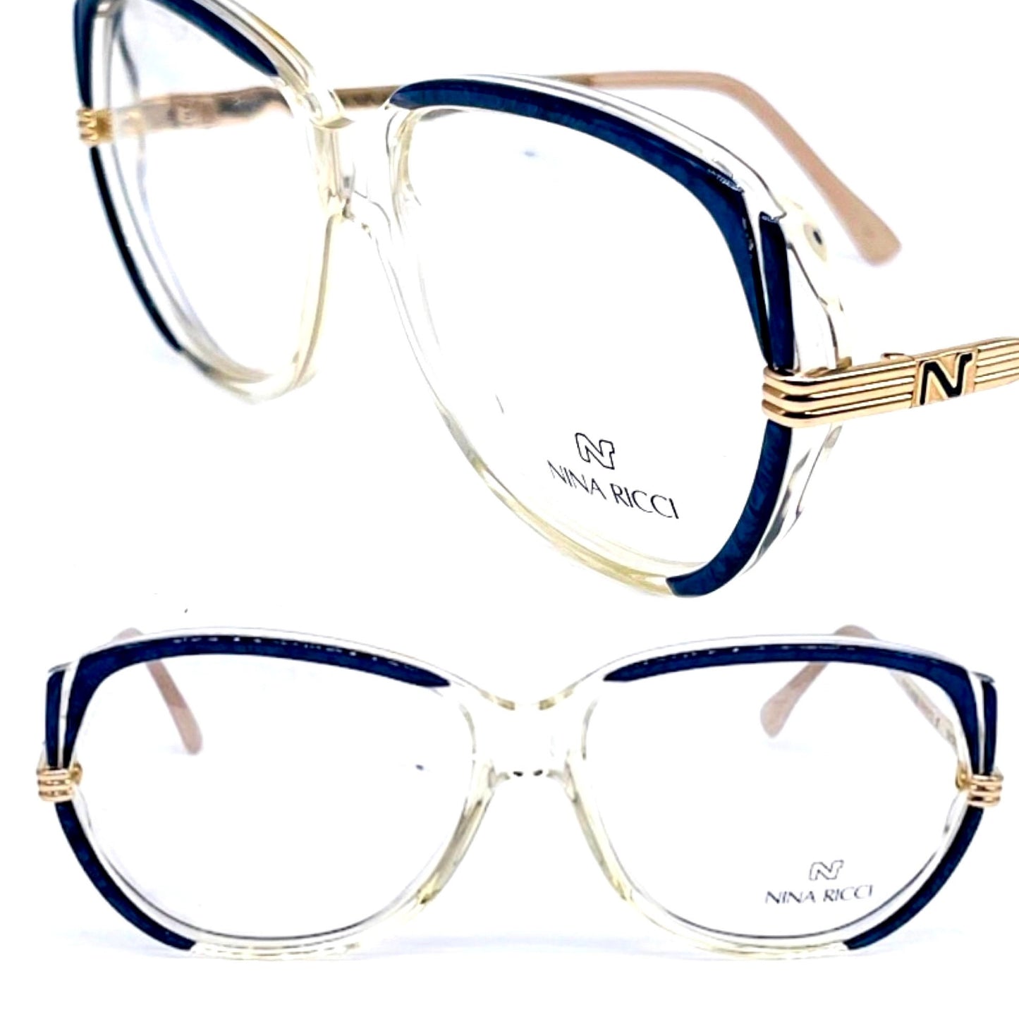 Nina Ricci square oversized blue-gold eyeglasses frames hand made in France in the 80s, gorgeous and minty