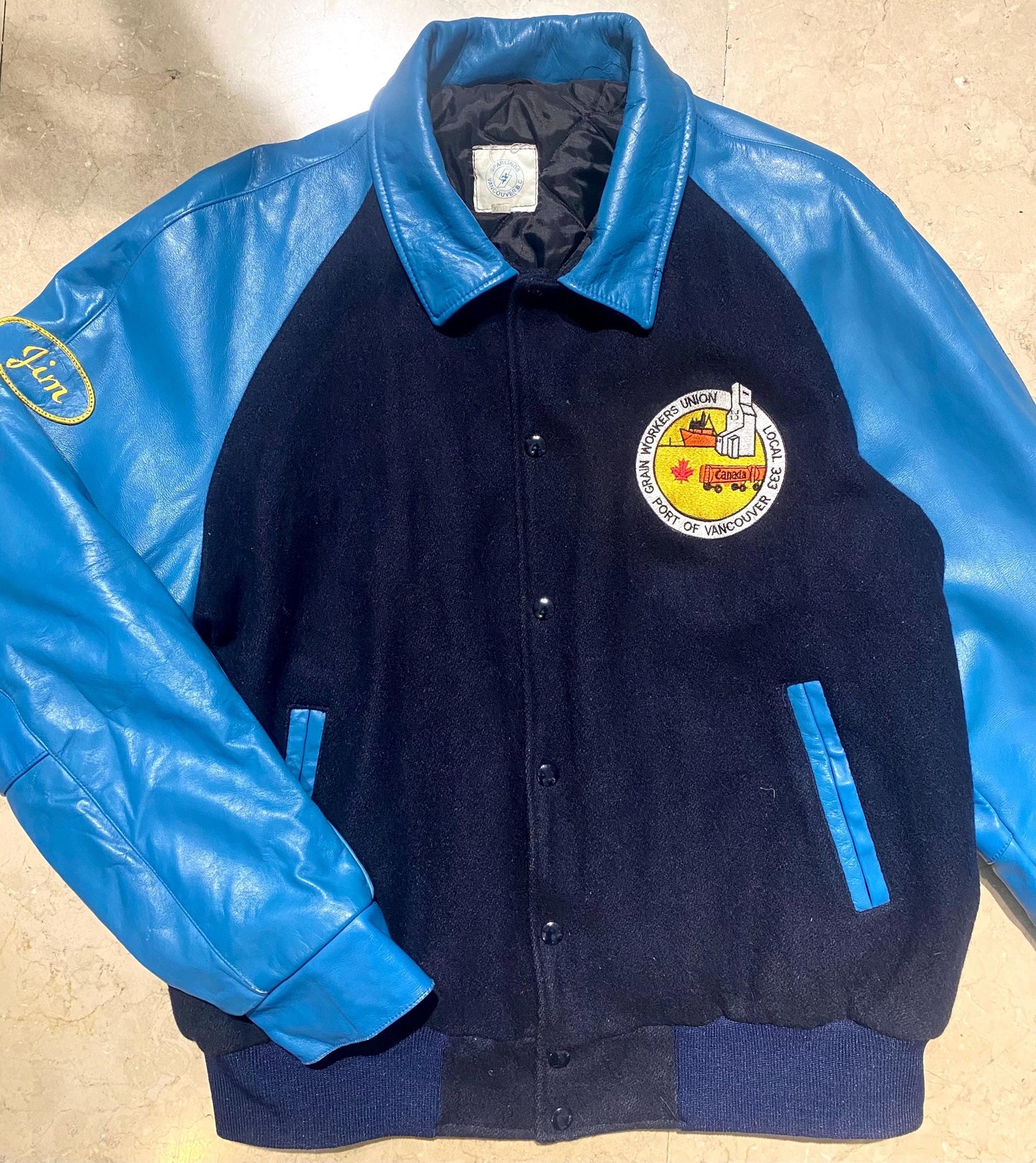 Blue tones Wool-Leather varsity jacket Joe - Dock Workers Vancouver, 1990s mint condition