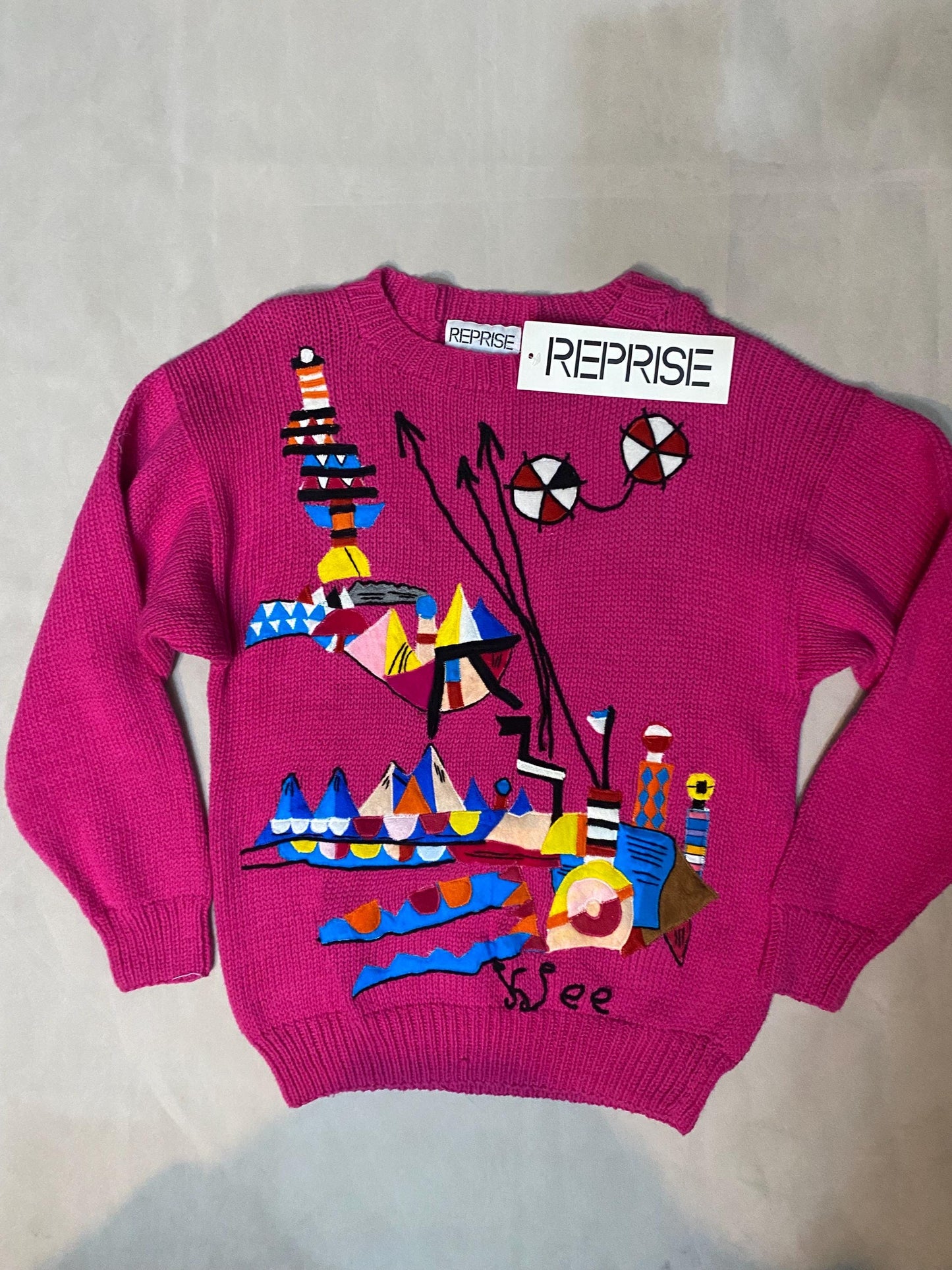 Reprise Paul Klee tribute cotton knit jumper w hand made embroidery, new with tags 80s NOS
