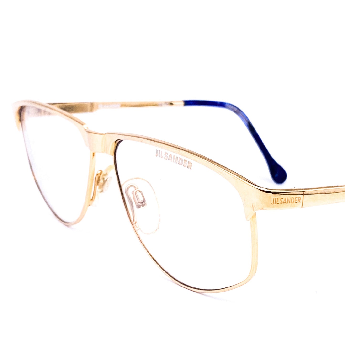 Jil Sander gold metallic oval eyeglasses frames with deep blue temple tips, Italy 80s NOS