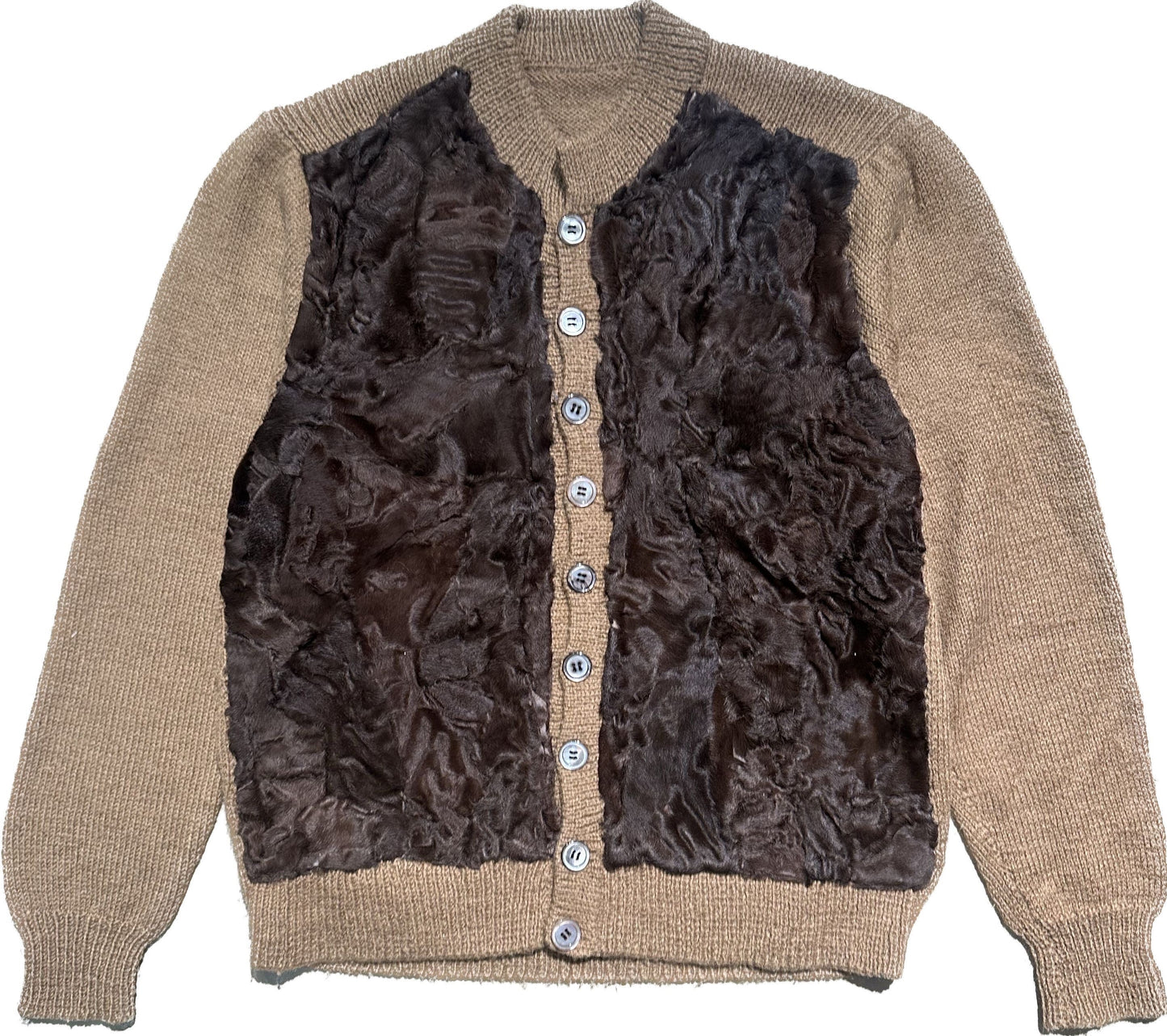 1970s handmade cardigan in brown astrakan fur & knitted wool, button up crewneck jumper, mint sz 44