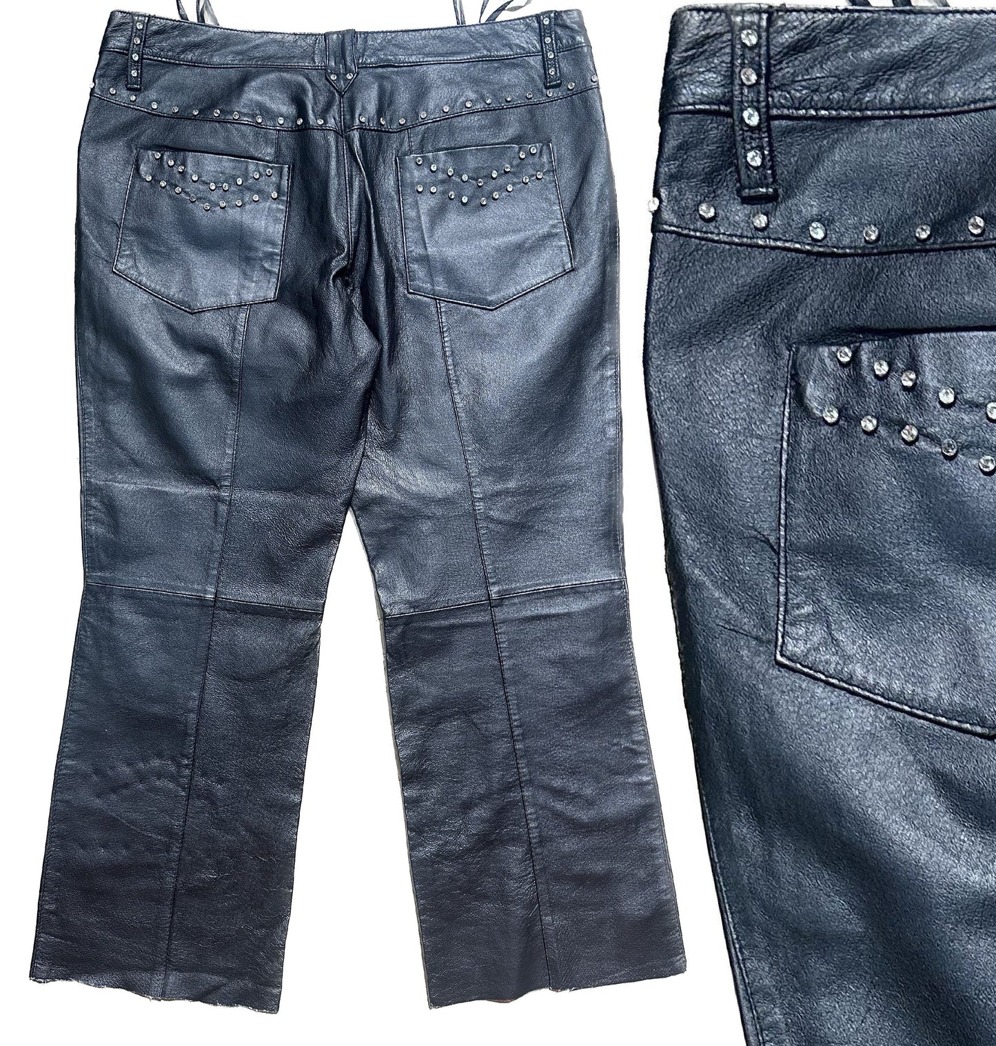 Rocking Black real leather trousers w/ Svarowsky studs, made in Italy 90s sz 33