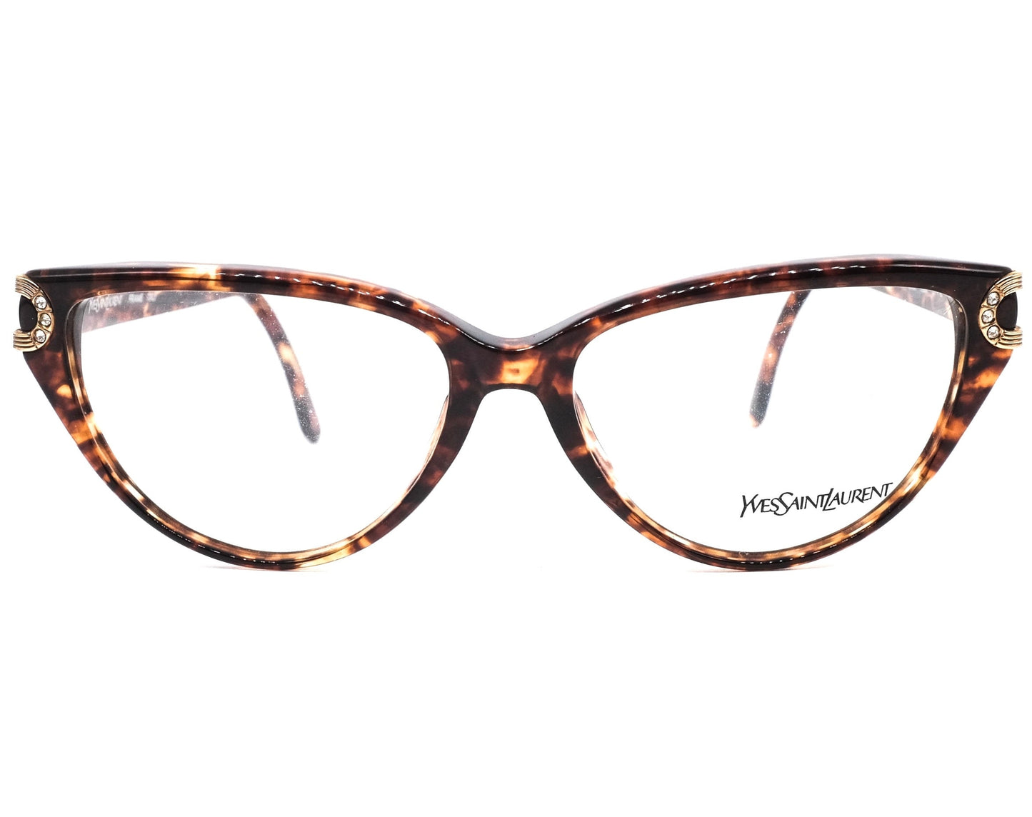 YSL Saint Laurent  5006 brown tortoise acetate cateye eyeglasses with cut off hinges design enriched with rhinestones, 80s nos Italy