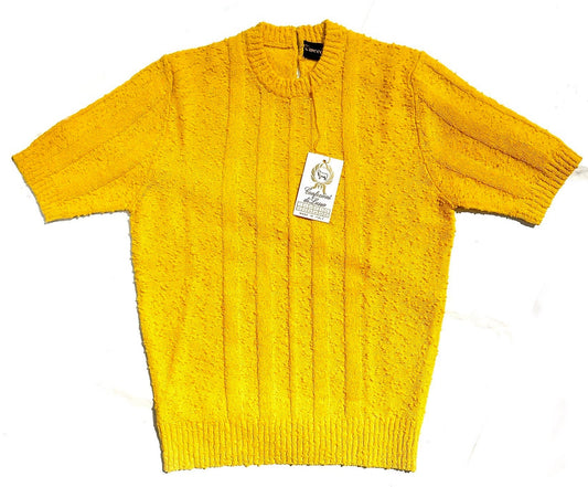 Finest Italian knitwear, yellow knitted cotton t-shirt / jumper w- 3-D striped-dotted pattern , 1970s BNWT