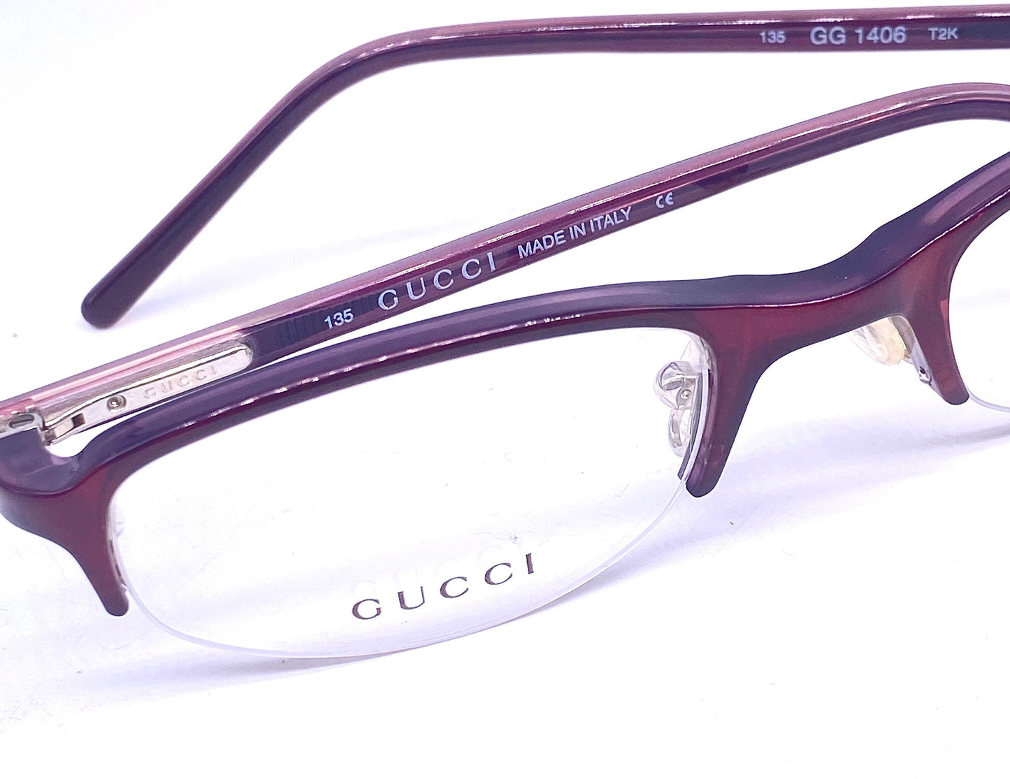 Gucci GG1406 minimalist oval wine color half rimmed glasses frames, NOS 90s Italy